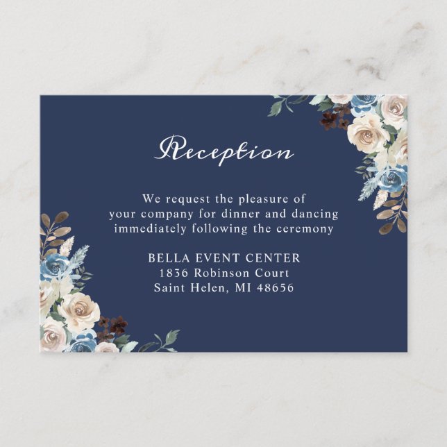 Navy Blue Neutral Floral Wedding Reception Details Enclosure Card (Front)