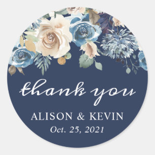 Navy Blue Neutral Rustic Floral Thank You Classic Round Sticker