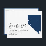 Navy Blue Nevada State Map QR Code Save the Date Announcement Postcard<br><div class="desc">Celebrate your love with a unique twist by announcing your wedding in style with this QR Code Save the Date Postcard, featuring the Nevada state map. The design showcases the Silver State with a sleek, modern map outline. The QR code allows your guests to easily access all your wedding details,...</div>