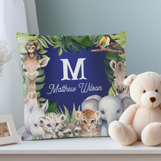 Navy Blue new baby boy cute jungle name nursery Cushion (Creator Uploaded)