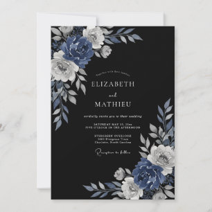 Navy Blue Nocturnal Floral Wedding Invitation