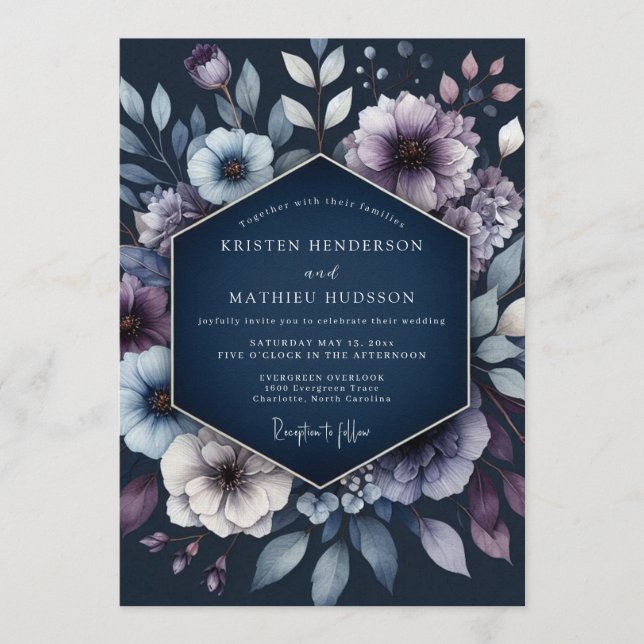 Navy Blue Nocturnal Winter Wedding Invitation (Front)