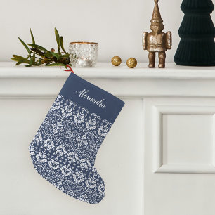 Navy Blue Nordic Sweater Pattern Personalised Small Christmas Stocking
