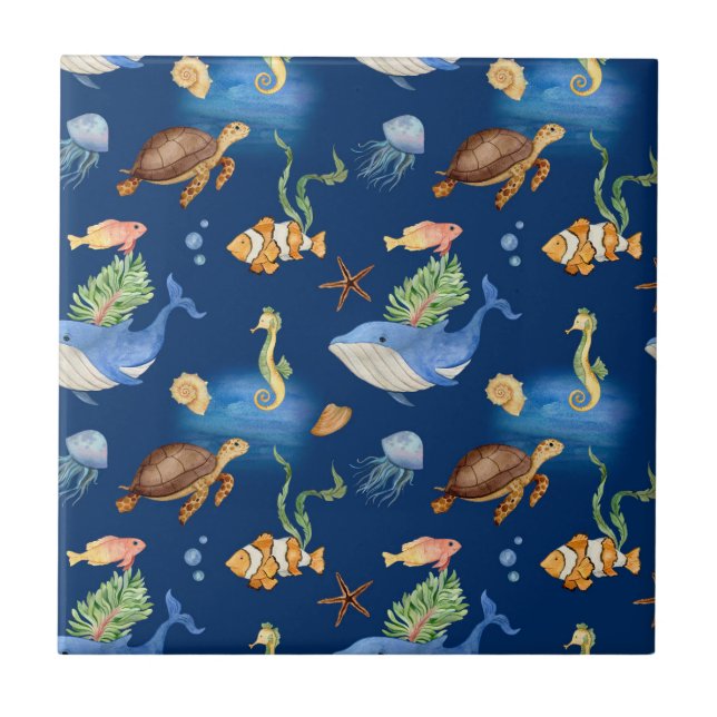 Navy blue ocean animals whales turtles tile (Front)