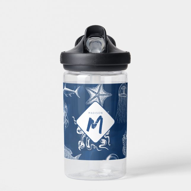 Navy Blue Ocean Marine Animals Monogram Water Bottle (Front)