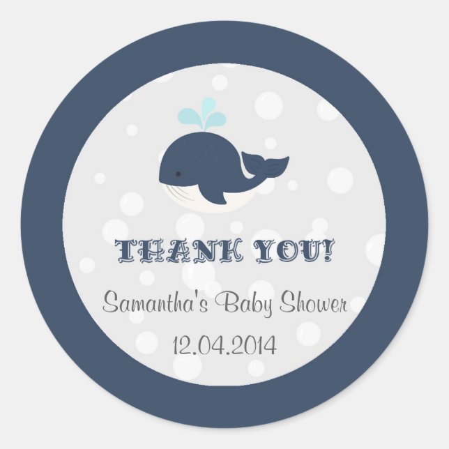 Navy Blue Ocean Whale Baby Shower Classic Round Sticker (Front)