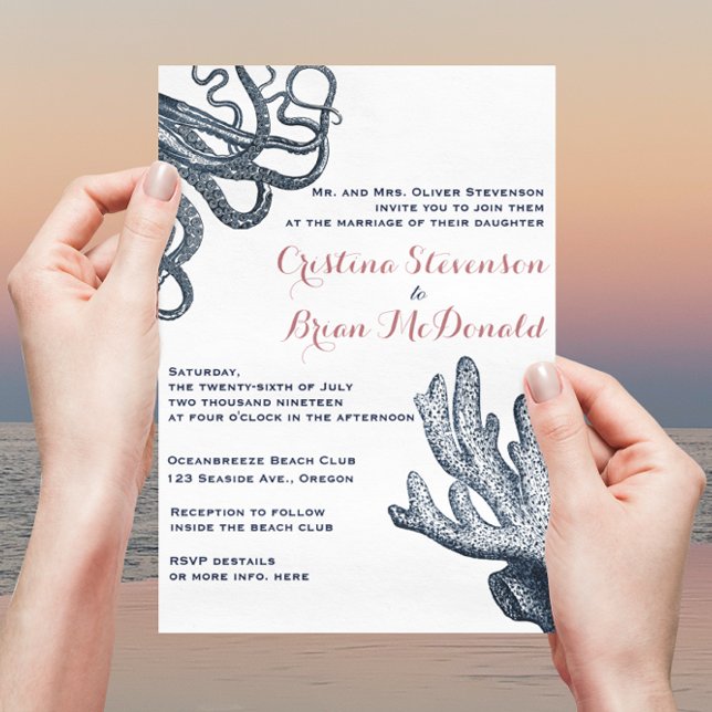 Navy Blue Octopus Coral Nautical Beach Wedding Invitation (Creator Uploaded)