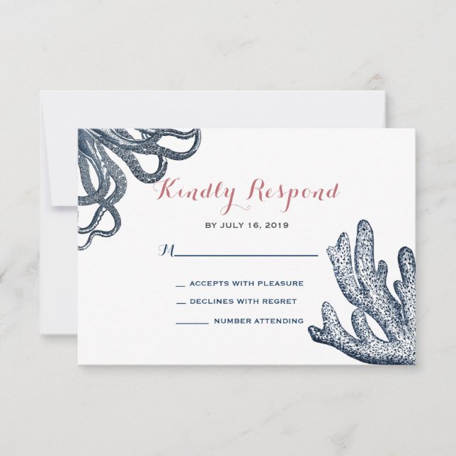 Navy Blue Octopus Coral Nautical Beach Wedding RSVP Card (Front)