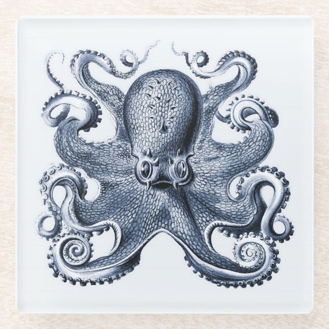 Navy Blue Octopus illustration by Ernst Haeckel Glass Coaster (Front)