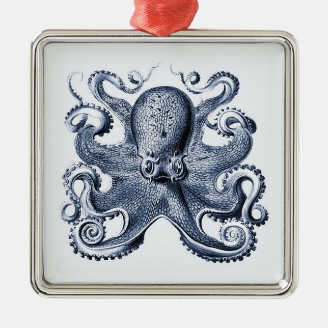 Navy Blue Octopus illustration by Ernst Haeckel Metal Tree Decoration (Front)