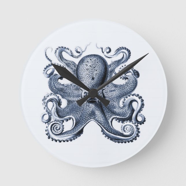 Navy Blue Octopus illustration by Ernst Haeckel Round Clock (Front)