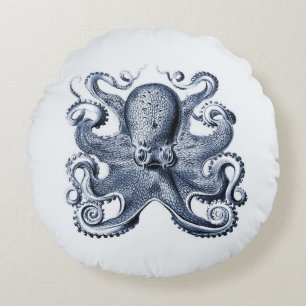 Navy Blue Octopus illustration by Ernst Haeckel Round Cushion