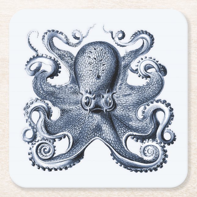 Navy Blue Octopus illustration by Ernst Haeckel Square Paper Coaster (Front)