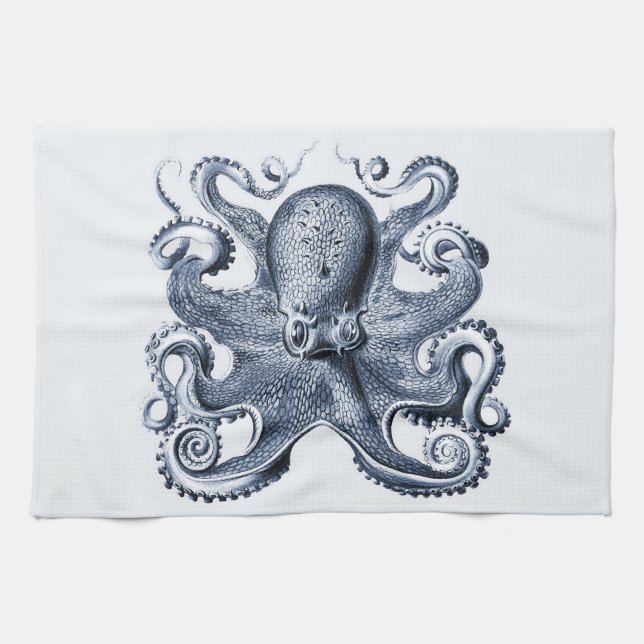 Navy Blue Octopus illustration by Ernst Haeckel Tea Towel (Horizontal)