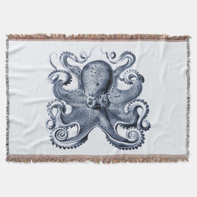 Navy Blue Octopus illustration by Ernst Haeckel Throw Blanket (Front)