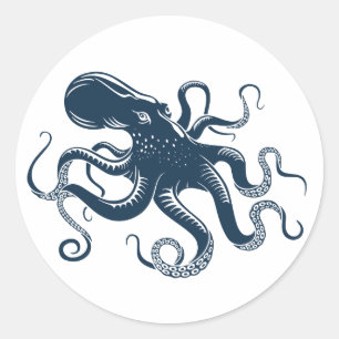 Navy blue octopus nautical illustration classic round sticker