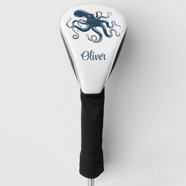 Navy blue octopus nautical illustration golf head cover (Front)