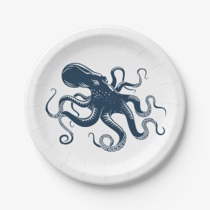 Navy blue octopus nautical illustration paper plate