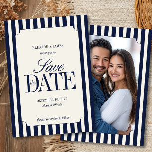 Navy Blue Old Money Preppy Stripe Wedding Save The Date