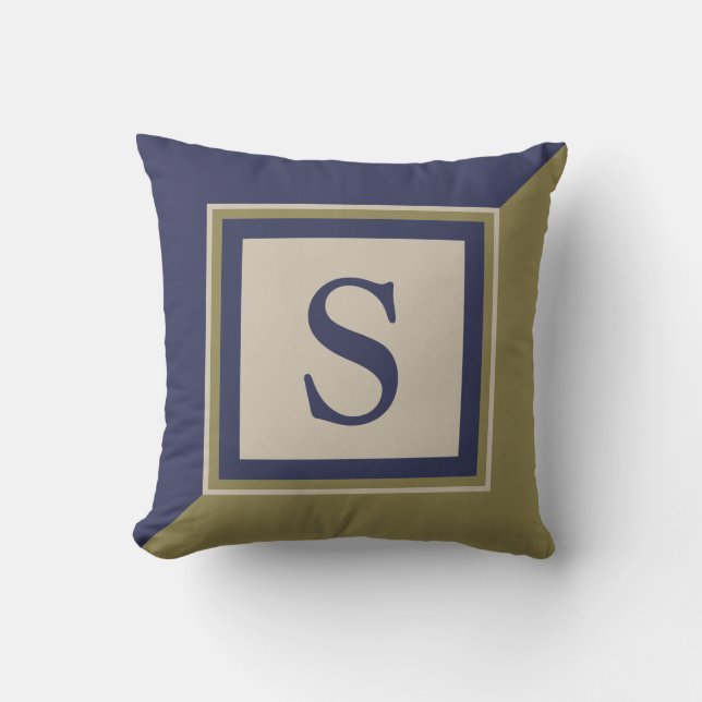 Navy Blue Olive Green Tan Large Monogram Cushion (Front)