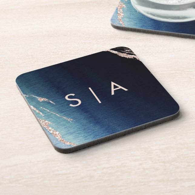 Navy Blue Ombre Agate & Rose Gold Wedding Monogram Coaster (Left Side)