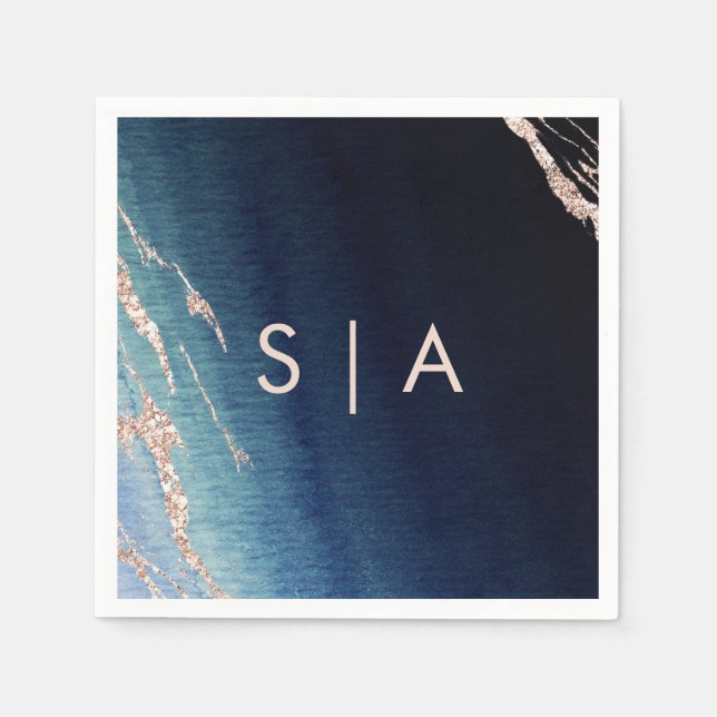 Navy Blue Ombre Agate & Rose Gold Wedding Monogram Napkin (Front)