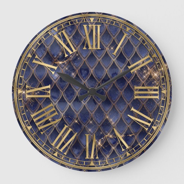 Navy Blue Ombre & Gold Sparkle Dragon Scales Large Clock (Front)