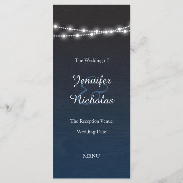 Navy Blue Ombre Night Lights Wedding Menu (Front)