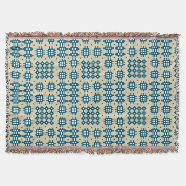 Navy Blue on Beige Welsh Tapestry Pattern Blanket (Front)