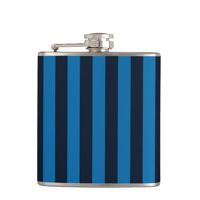 Navy Blue on Blue Vertical Stripes Decor Hip Flask (Front)