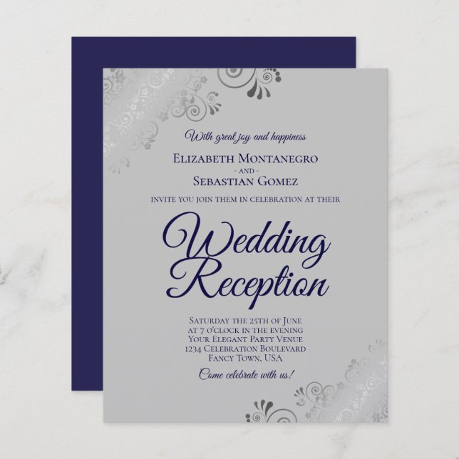 Navy Blue on Grey BUDGET Wedding Reception Invite (Front/Back)