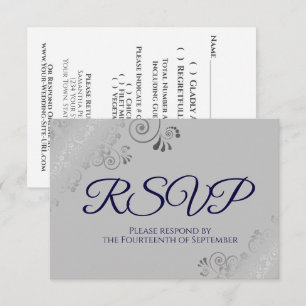 Navy Blue on Grey Elegant Silver Curls Wedding RSVP Card