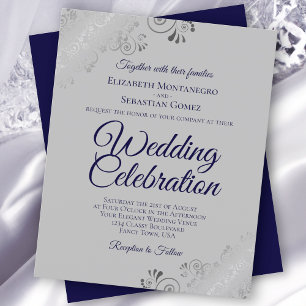 Navy Blue on Grey Frilly BUDGET Wedding Invitation
