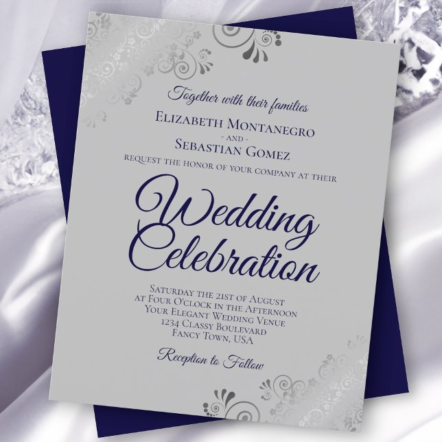 Navy Blue on Grey Frilly BUDGET Wedding Invitation (Creator Uploaded)