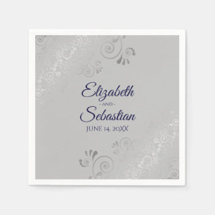 Navy Blue on Grey Silver Frills Elegant Wedding Napkin