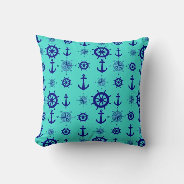 Navy Blue On Turquoise Nautical Pattern Cushion (Front)