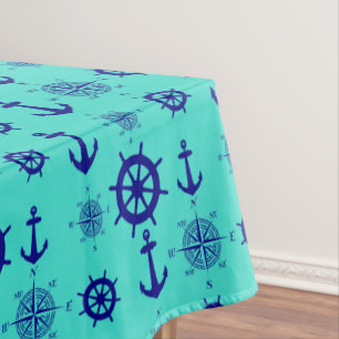 Navy Blue On Turquoise Nautical Pattern Tablecloth
