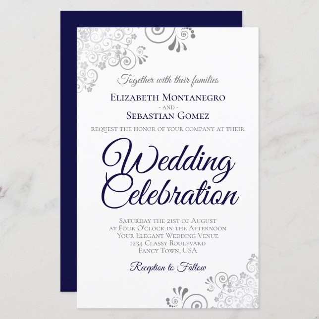 Navy Blue on White BUDGET Wedding Invite Large (Front/Back)