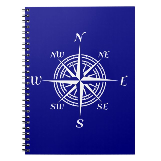 Navy Blue On White Coastal Compass Rose Spiral Notebook (Front)