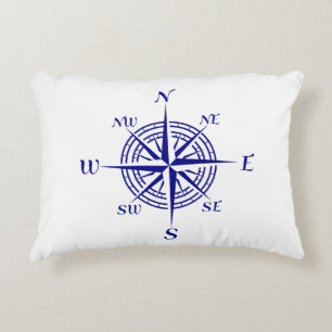 Navy Blue On White Coastal Decor Compass Rose Decorative Cushion