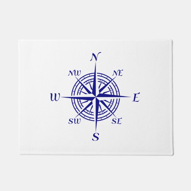 Navy Blue On White Coastal Decor Compass Rose Doormat (Front)