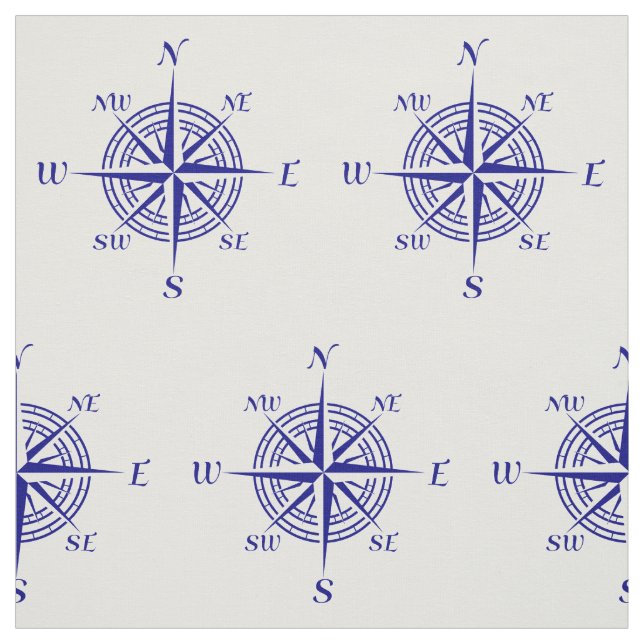 Navy Blue On White Coastal Decor Compass Rose Fabric (Swatch)