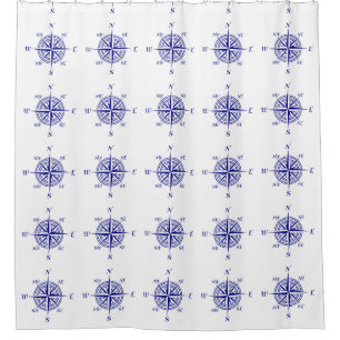 Navy Blue On White Coastal Decor Compass Rose Shower Curtain
