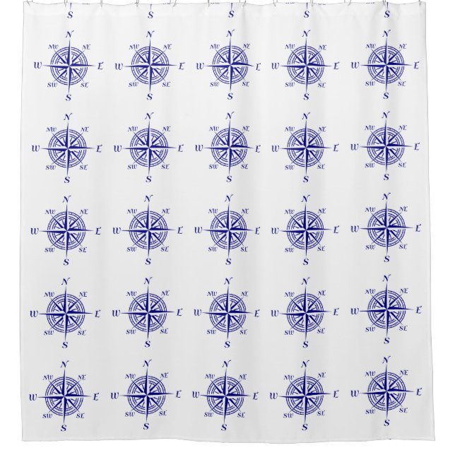 Navy Blue On White Coastal Decor Compass Rose Shower Curtain (Front)