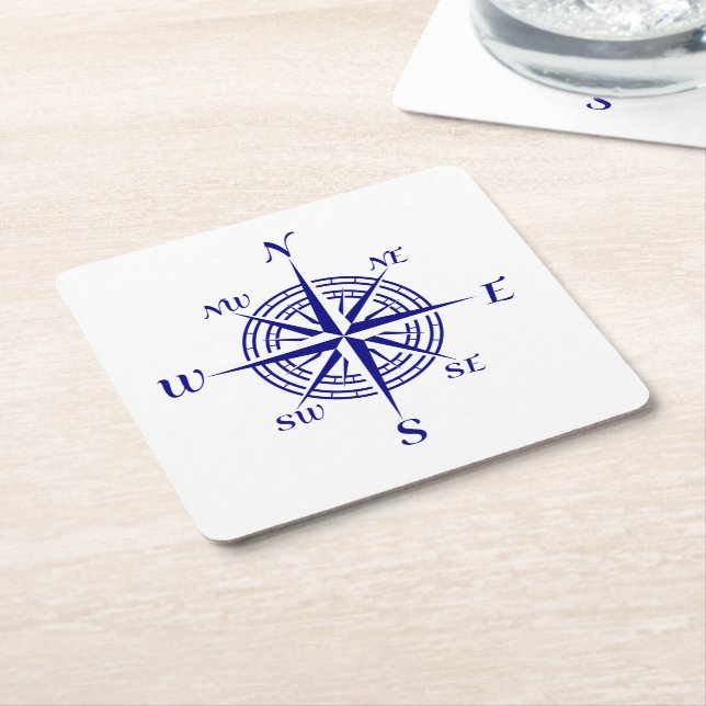 Navy Blue On White Coastal Decor Compass Rose Square Paper Coaster (Angled)