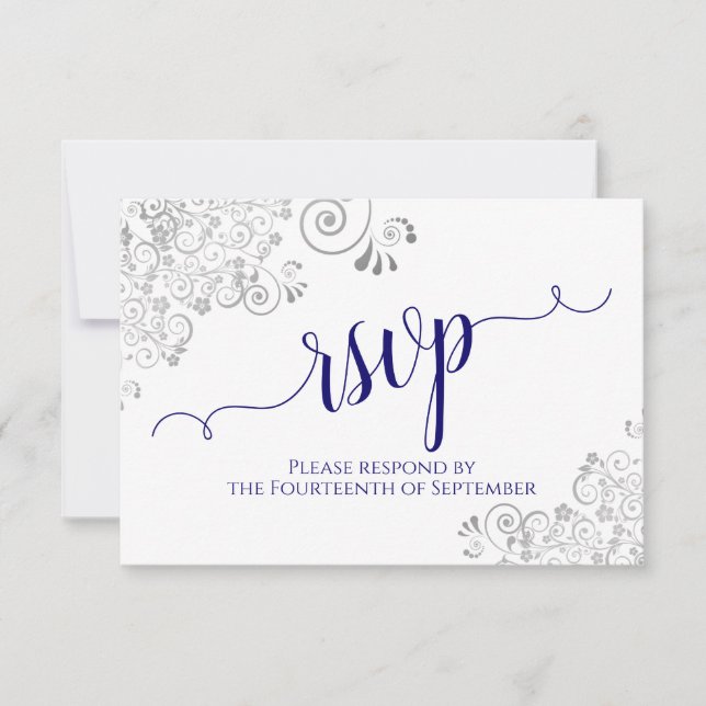 Navy Blue on White Elegant Calligraphy Wedding RSVP Card (Front)