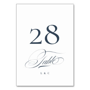 Navy Blue on White Elegant Calligraphy Wedding Table Number