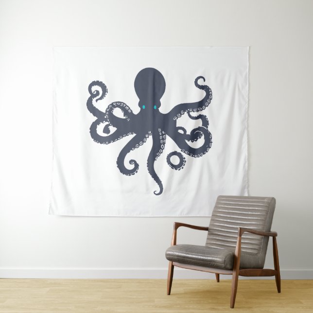 Navy-blue On White Octopus Illustration Tapestry (In Situ (Horizontal))