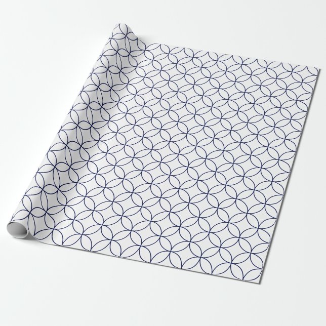 Navy Blue on White Overlapping Circles Wrapping Paper (Unrolled)