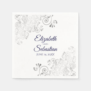 Navy Blue on White Silver Frills Elegant Wedding Napkin